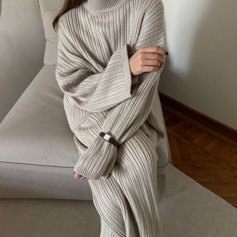Vintage Ribbed Knit Sweater Set | High Neck Pullover & Wide Leg Pants(MS139) - Mariam's Collection