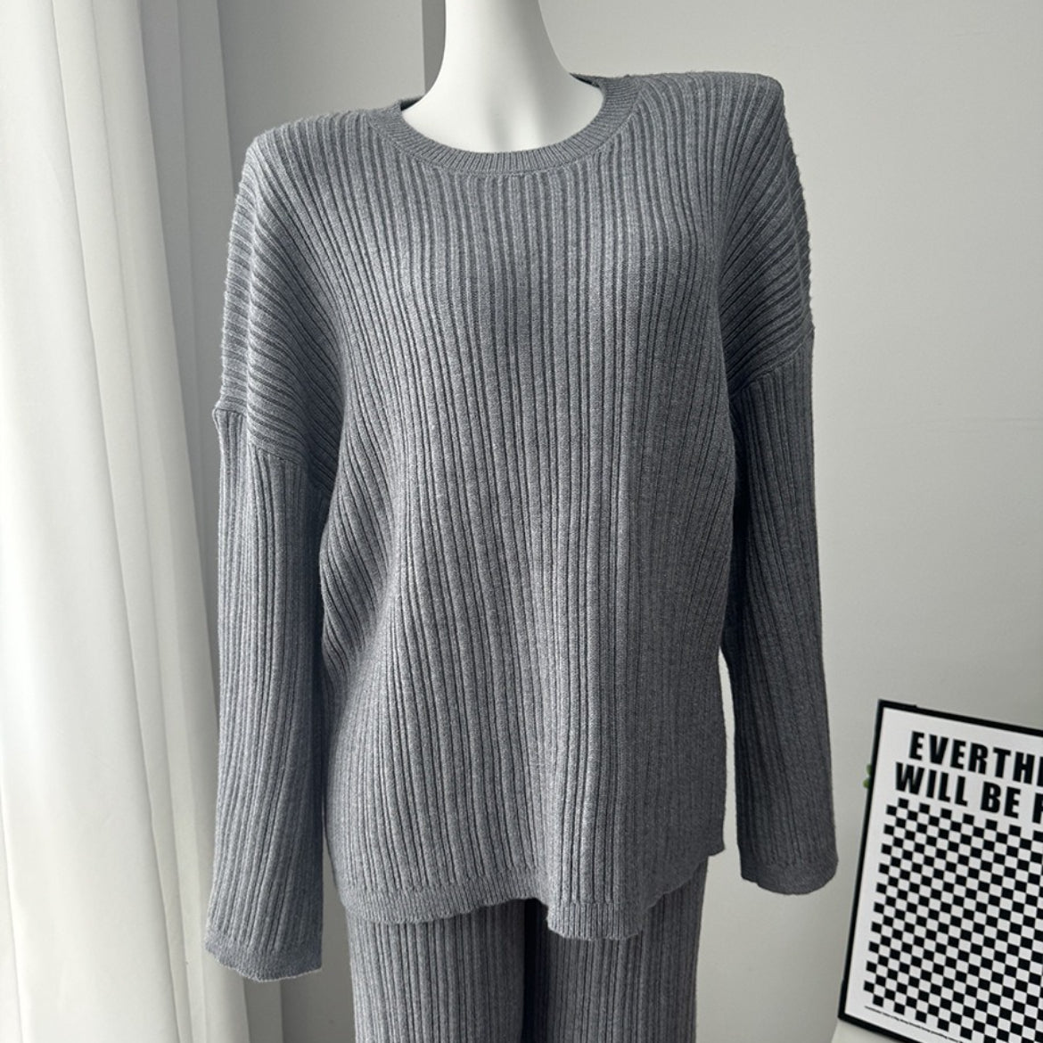 Vintage Ribbed Knit Sweater Set | High Neck Pullover & Wide Leg Pants(MS139) - Mariam's Collection
