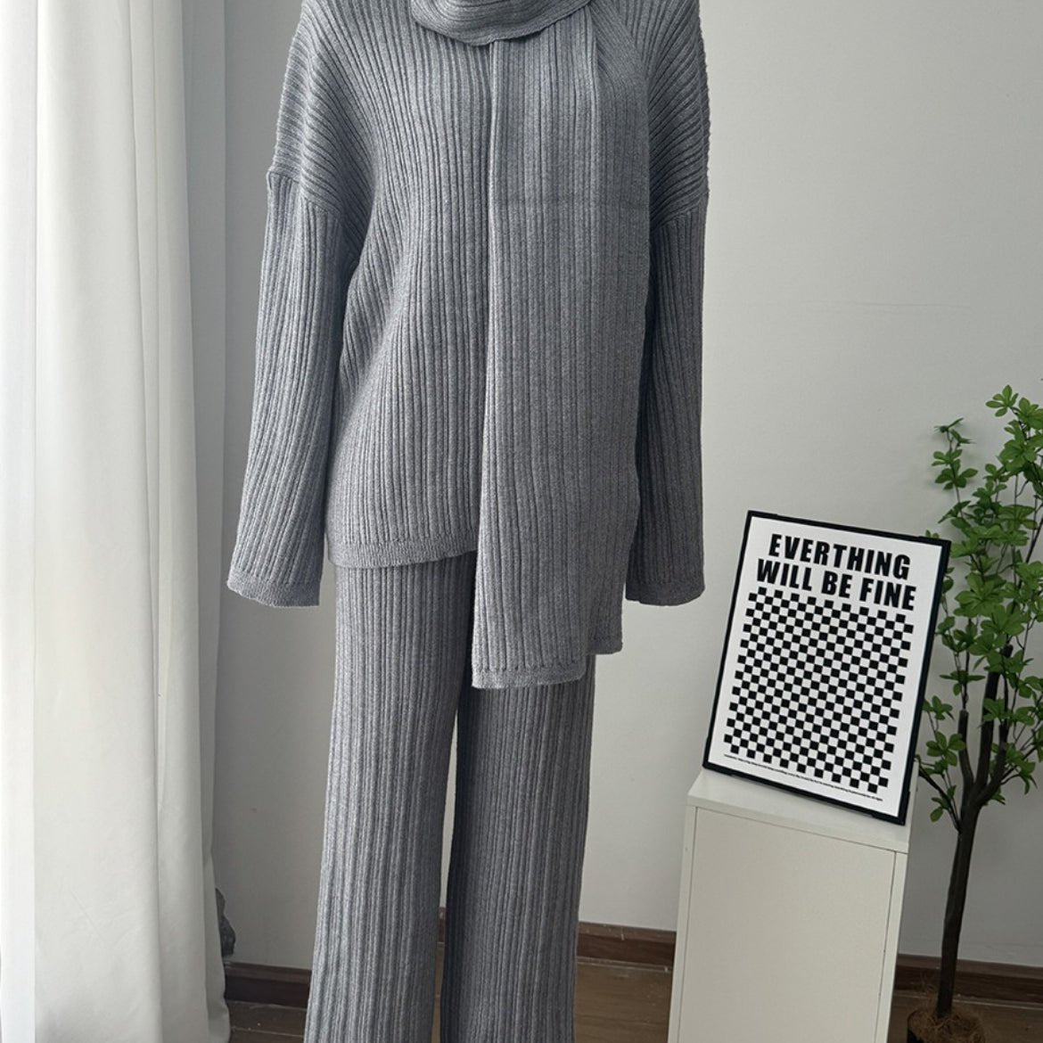 Vintage Ribbed Knit Sweater Set | High Neck Pullover & Wide Leg Pants(MS139) - Mariam's Collection