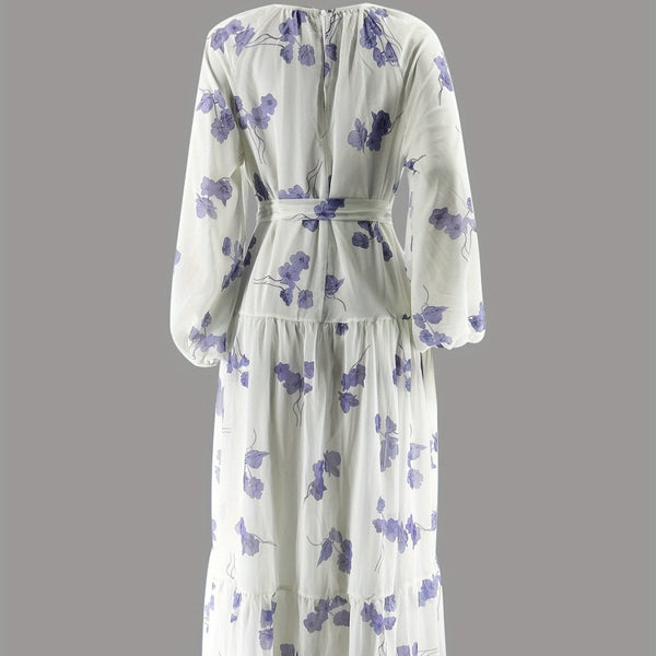 Watercolor Floral Maxi Dress | Long Sleeve Belted Tiered Dress(MS273) - Mariam's Collection