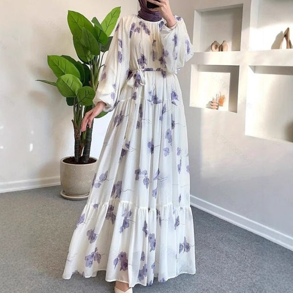 Watercolor Floral Maxi Dress | Long Sleeve Belted Tiered Dress(MS273) - Mariam's Collection