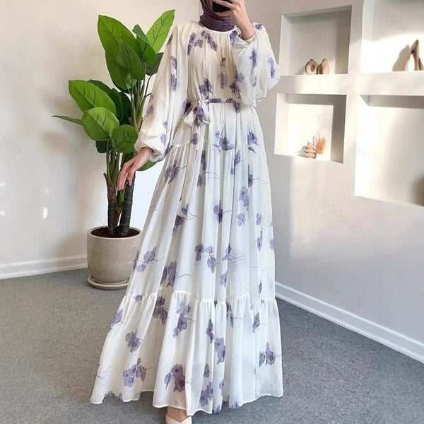 Watercolor Floral Maxi Dress | Long Sleeve Belted Tiered Dress(MS273) - Mariam's Collection