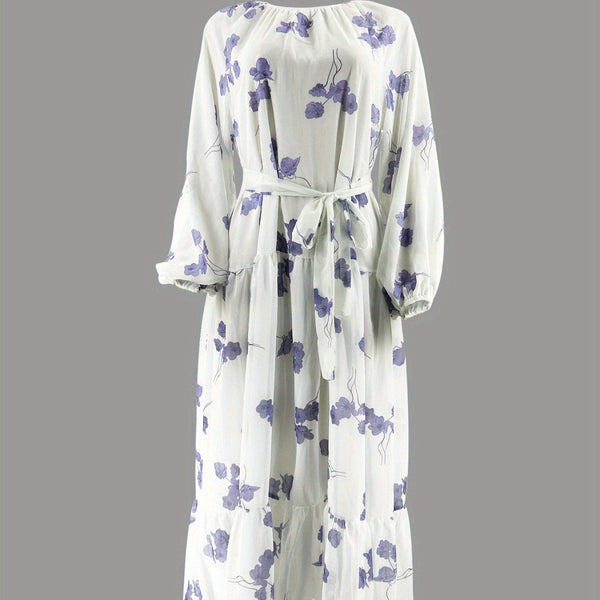 Watercolor Floral Maxi Dress | Long Sleeve Belted Tiered Dress(MS273) - Mariam's Collection