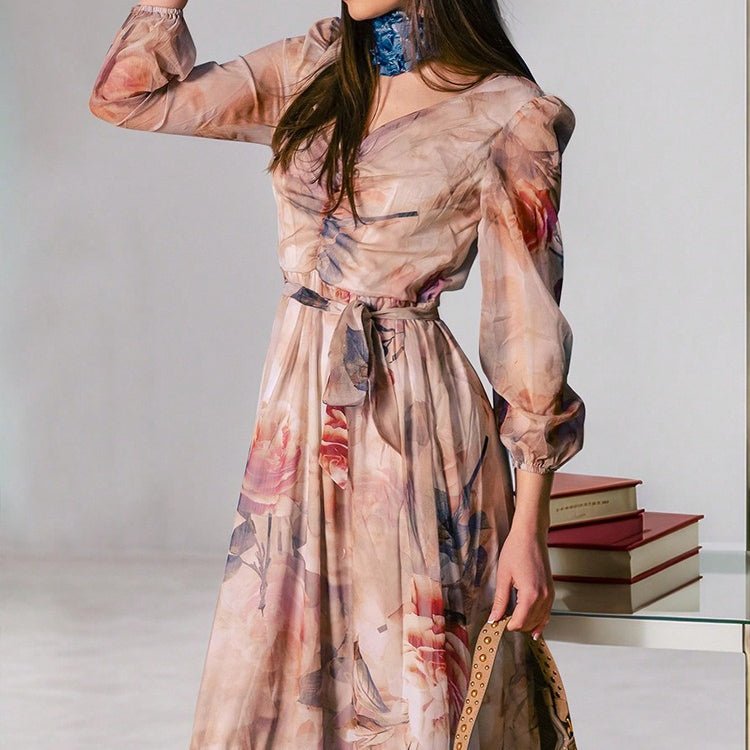 Watercolor Floral V-Neck Maxi Dress — Prairie Inspired Modest Floral Gown Khaki / XL