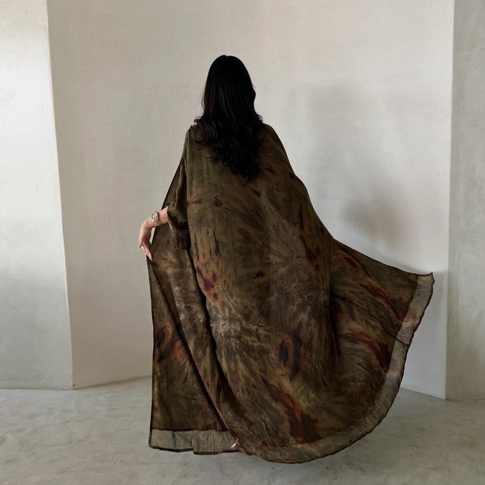 Watercolor Print Chiffon Abaya Muslim Women's Elegant Cover - Up Modest Floral Robe Dress with Bell Sleeves. (MOA153) - Mariam's Collection