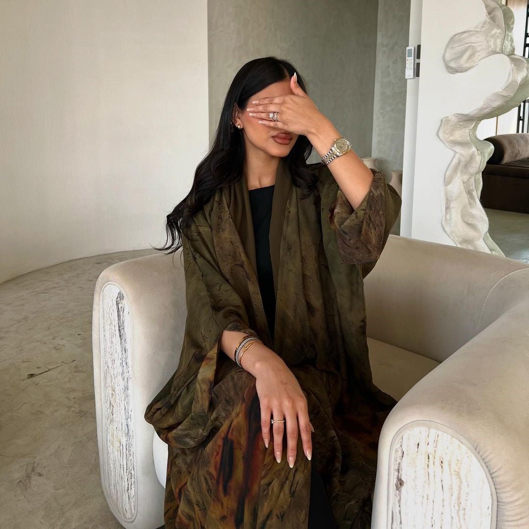 Watercolor Print Chiffon Abaya Muslim Women's Elegant Cover - Up Modest Floral Robe Dress with Bell Sleeves. (MOA153) - Mariam's Collection