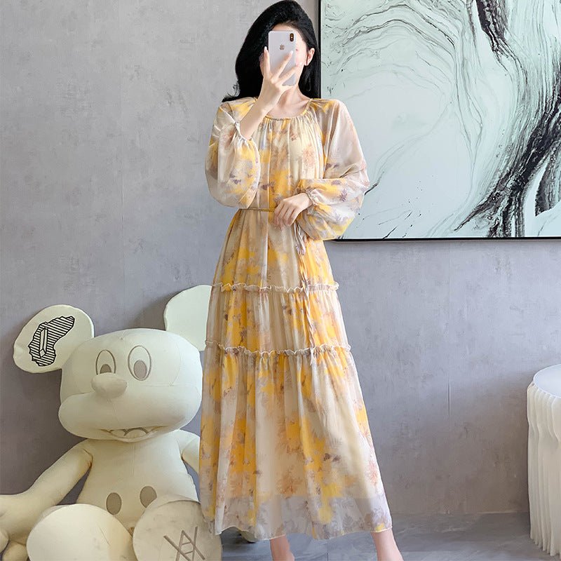 Watercolor Print Chiffon Maxi Dress | Long Sleeve Tiered Dress(MS270) - Mariam's Collection
