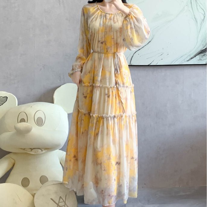 Watercolor Print Chiffon Maxi Dress | Long Sleeve Tiered Dress(MS270) - Mariam's Collection
