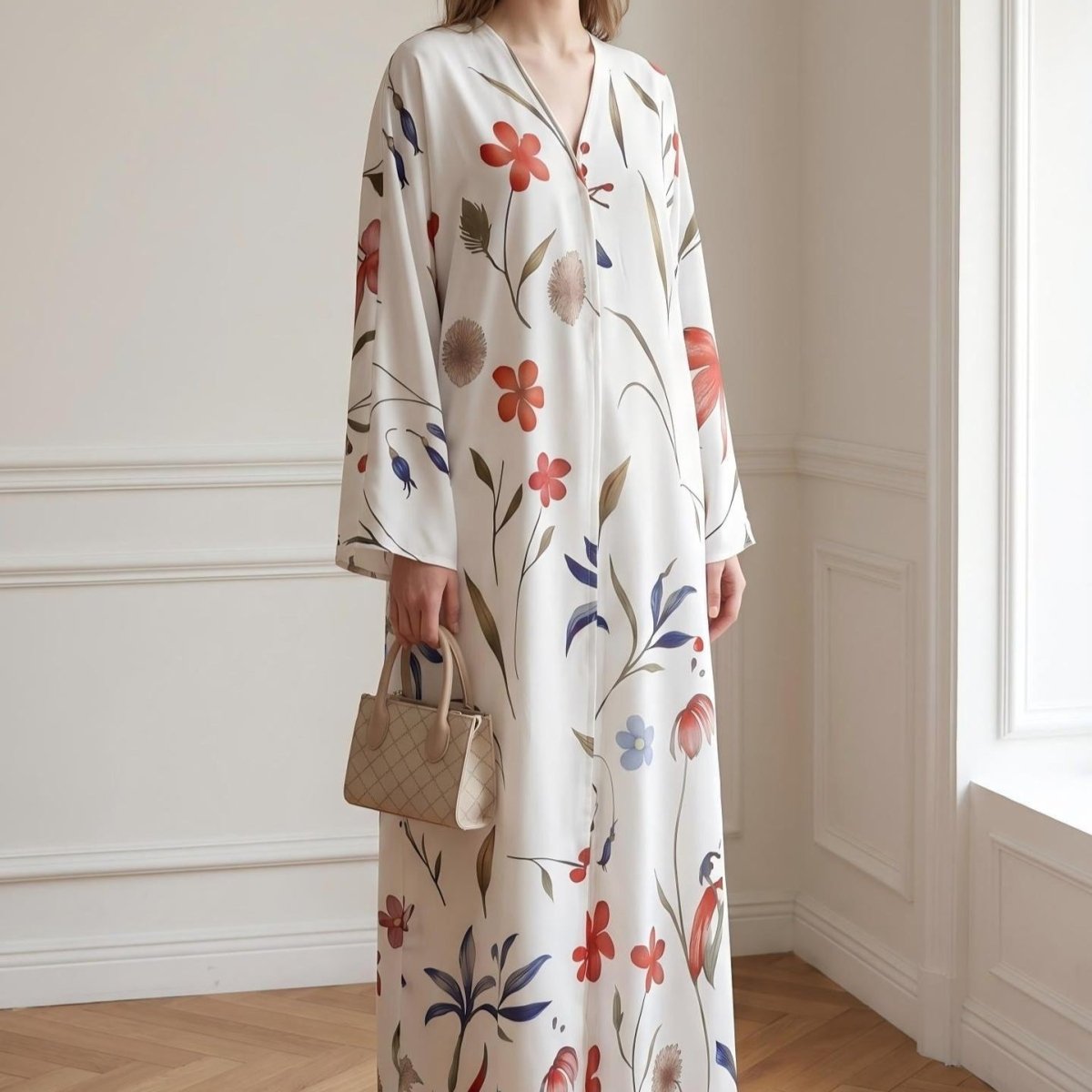 Watercolour Botanical Print Flared-Sleeve Open Abaya(MOA337) - Mariam's Collection