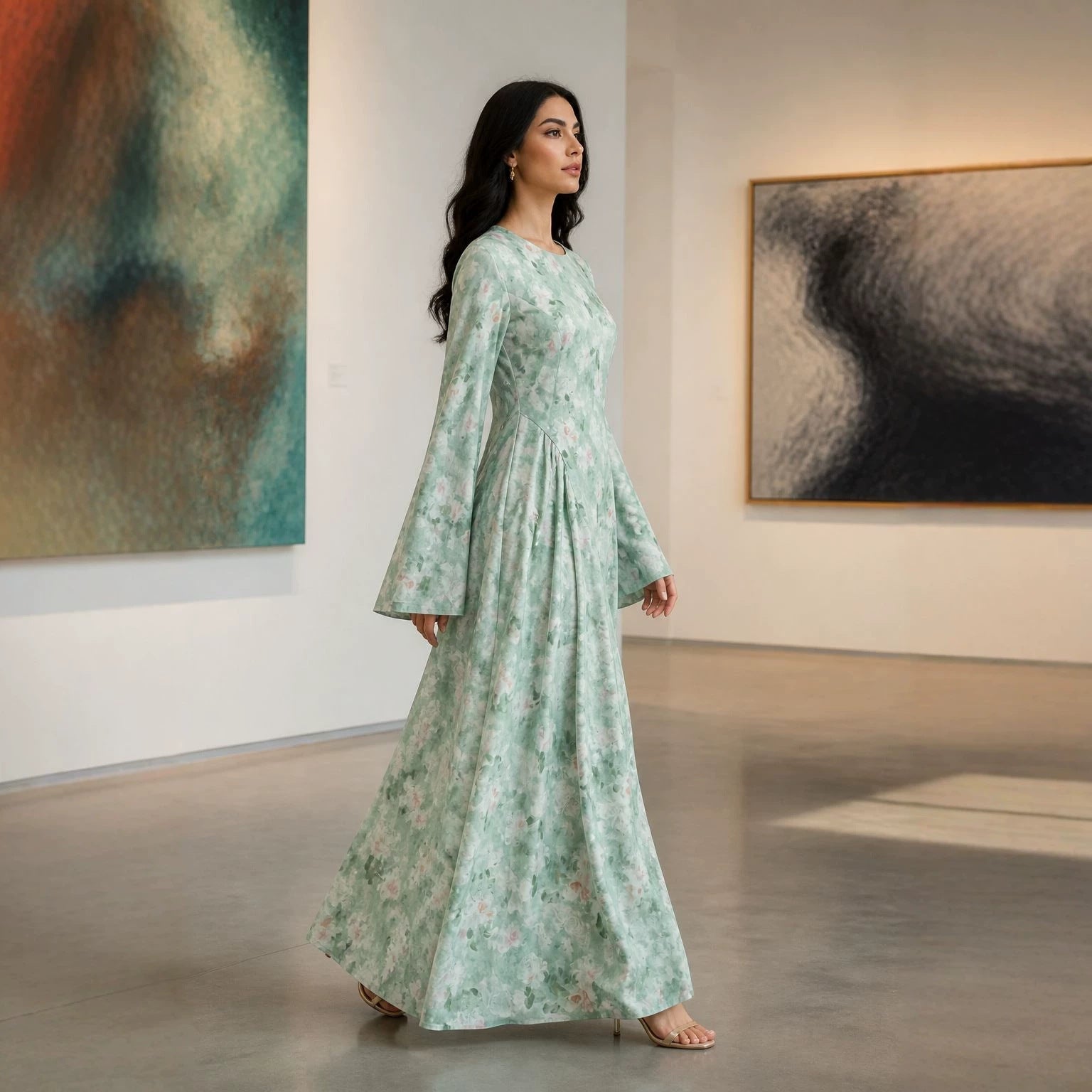 Watercolour Floral Print Flared Sleeve Maxi Dress(MS516) - Mariam's Collection