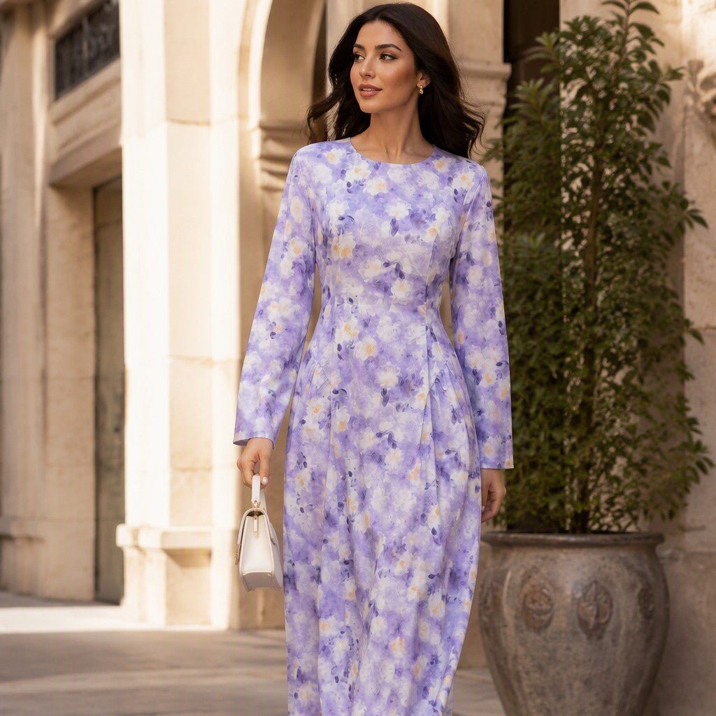Watercolour Floral Print Flared Sleeve Maxi Dress(MS516) - Mariam's Collection