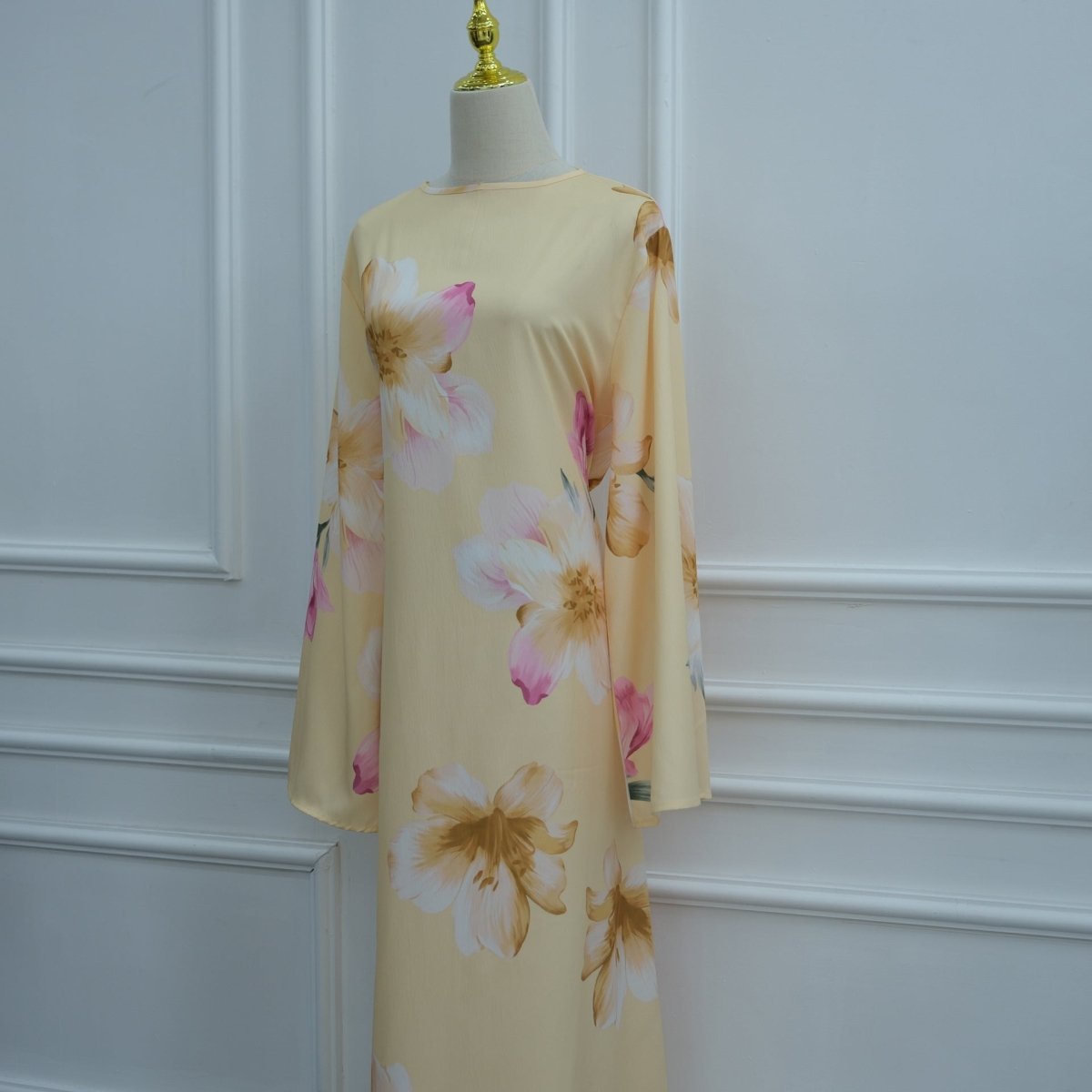 Watercolour Floral Washed-Crinkle Wide-Sleeve Maxi Dress(MS473) - Mariam's Collection