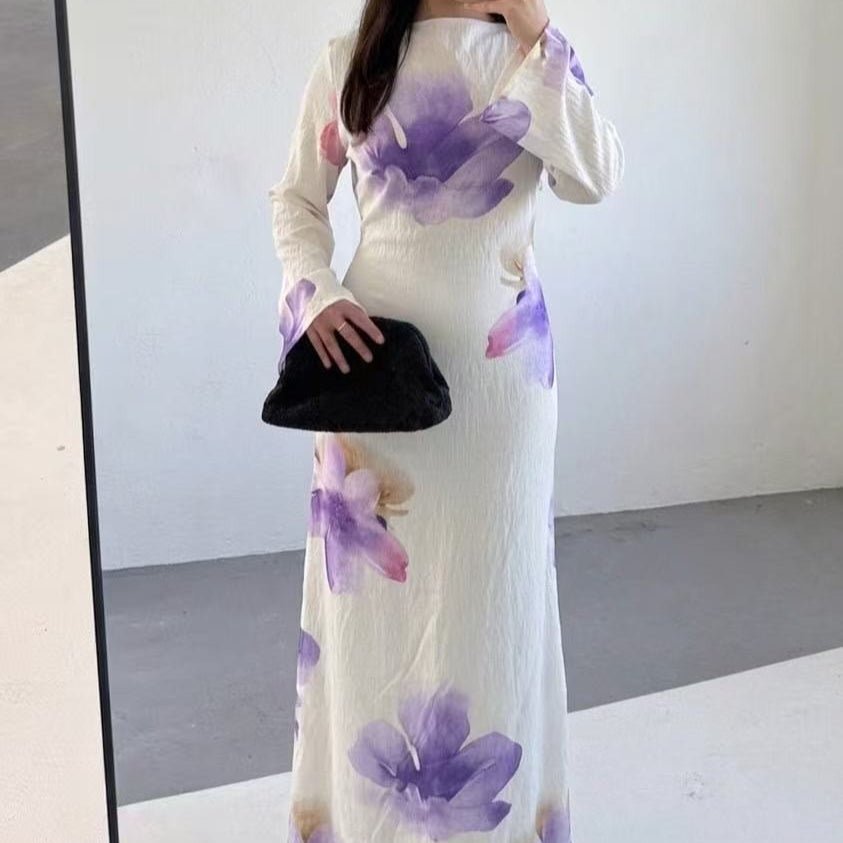 Watercolour Floral Washed-Crinkle Wide-Sleeve Maxi Dress(MS473) - Mariam's Collection