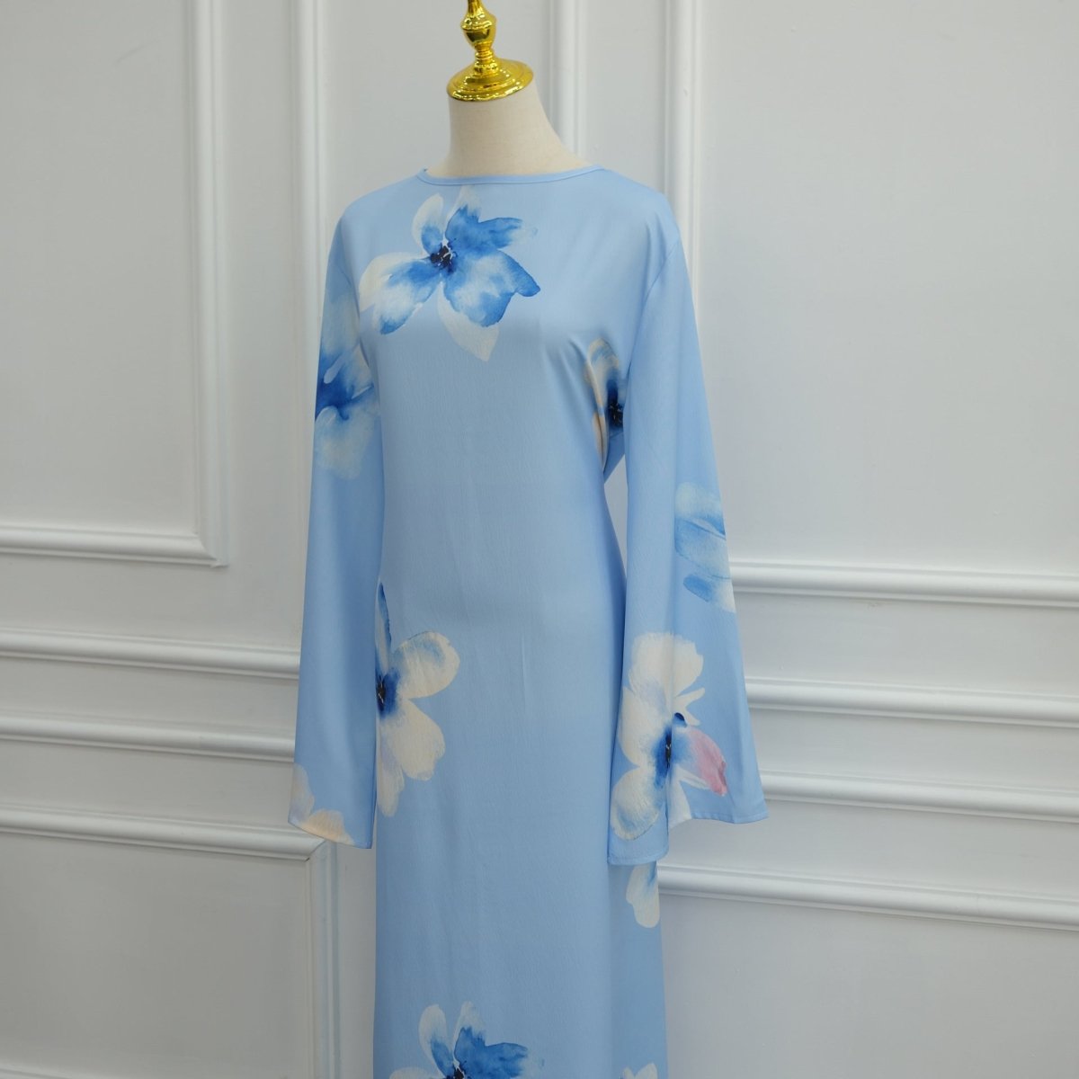 Watercolour Floral Washed-Crinkle Wide-Sleeve Maxi Dress(MS473) - Mariam's Collection