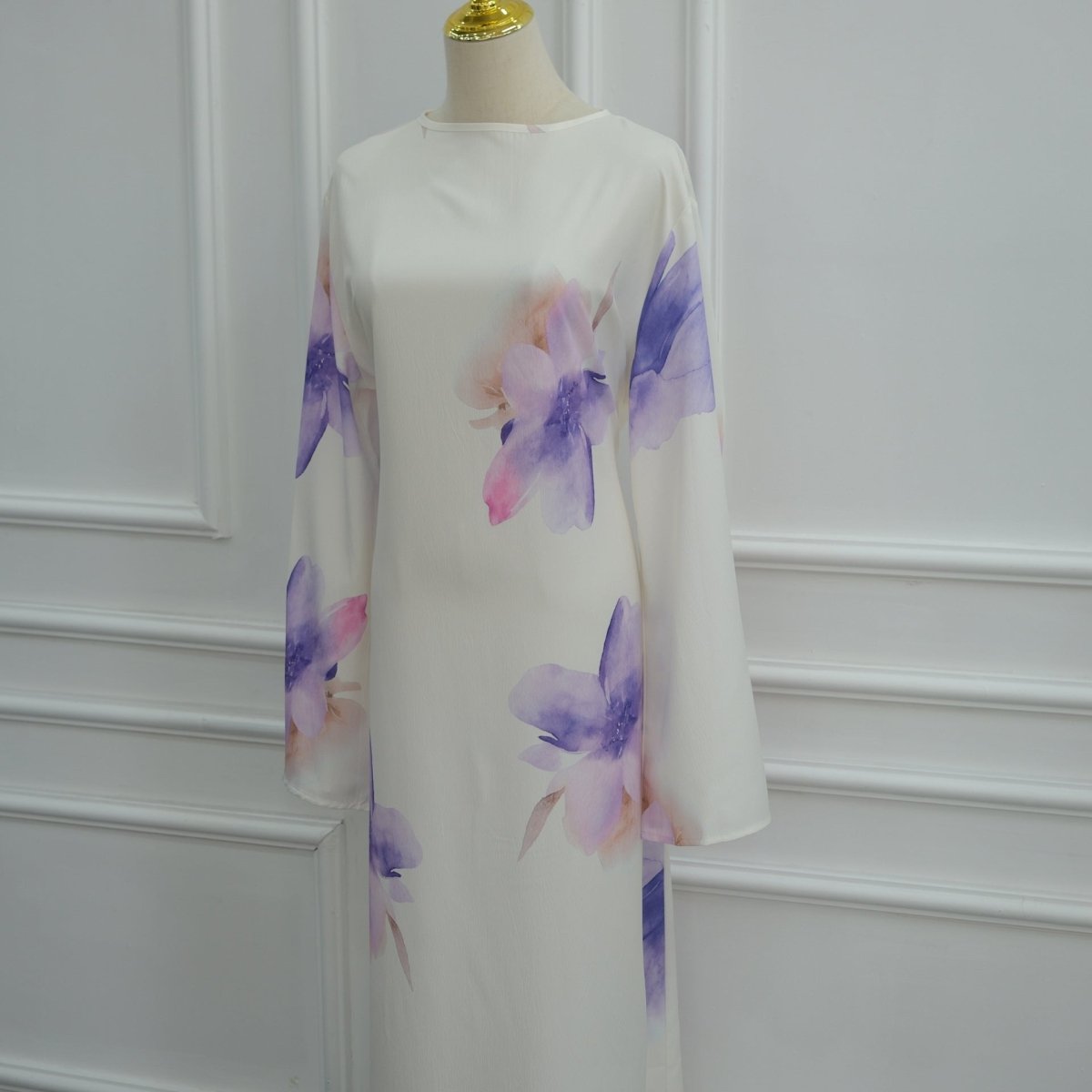 Watercolour Floral Washed-Crinkle Wide-Sleeve Maxi Dress(MS473) - Mariam's Collection