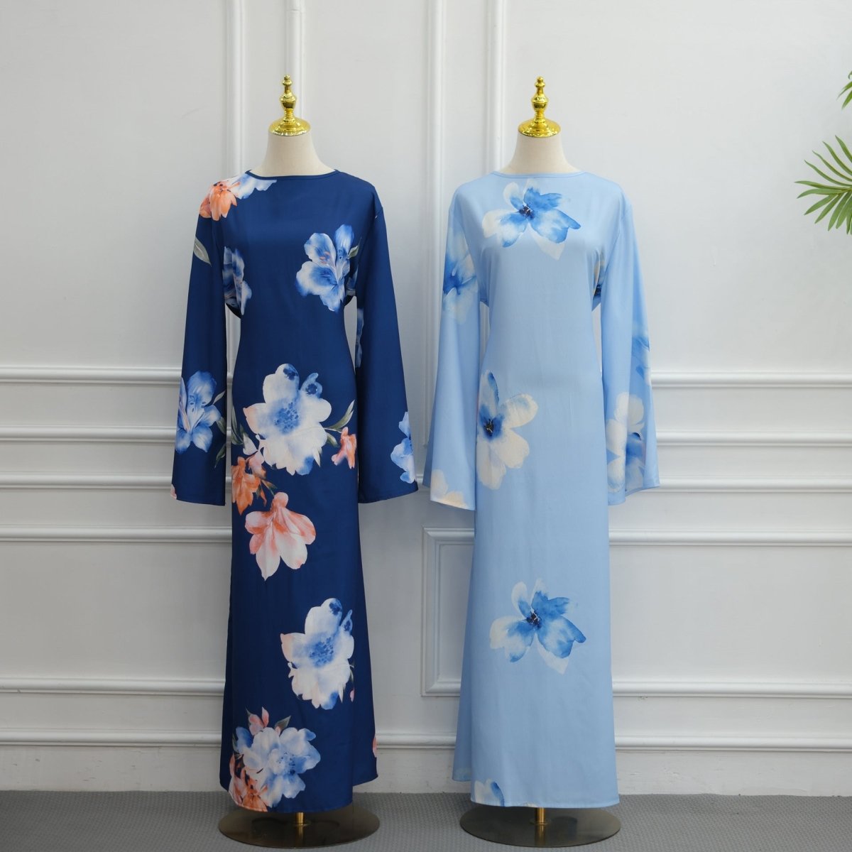 Watercolour Floral Washed-Crinkle Wide-Sleeve Maxi Dress(MS473) - Mariam's Collection