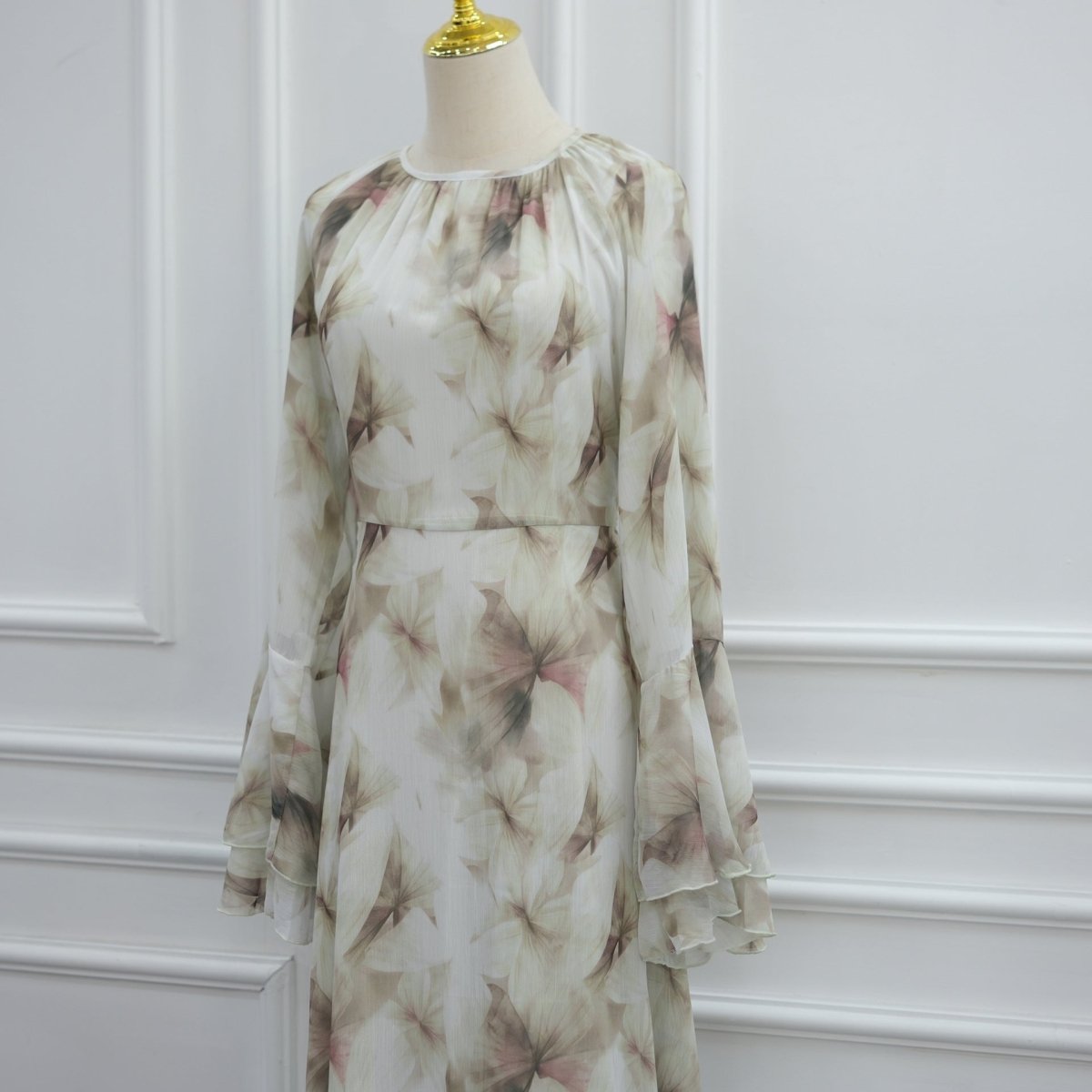 Watercolour Print Double-Layer Flared-Sleeve Maxi Dress(MA479) - Mariam's Collection