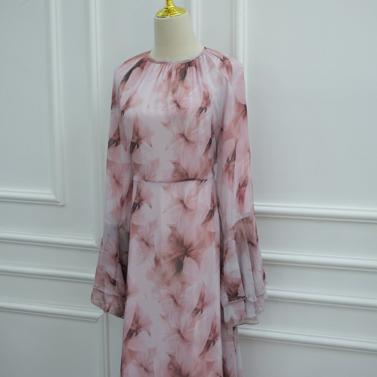 Watercolour Print Double-Layer Flared-Sleeve Maxi Dress(MA479) - Mariam's Collection