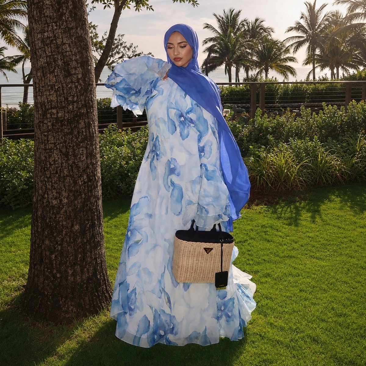 Watercolour Print Double-Layer Flared-Sleeve Maxi Dress(MA479) - Mariam's Collection