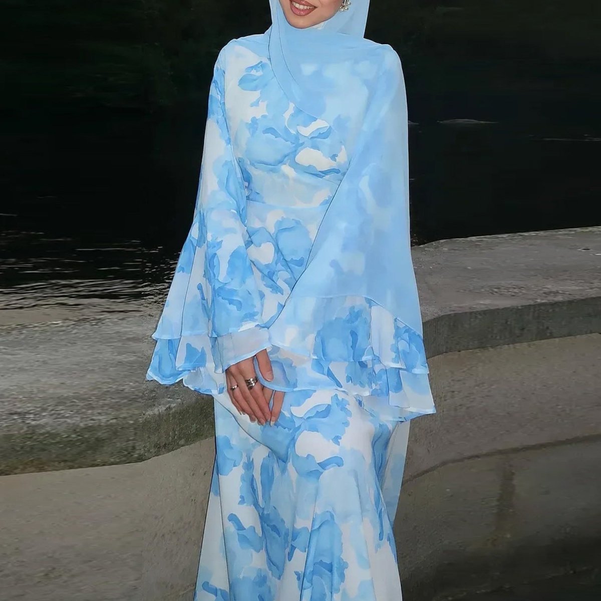Watercolour Print Double-Layer Flared-Sleeve Maxi Dress(MA479) - Mariam's Collection
