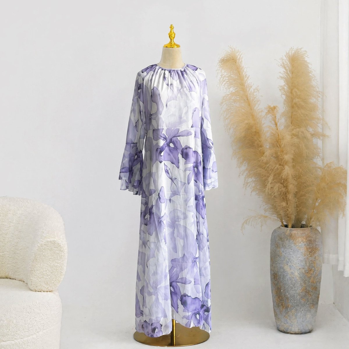 Watercolour Print Double-Layer Flared-Sleeve Maxi Dress(MA479) - Mariam's Collection