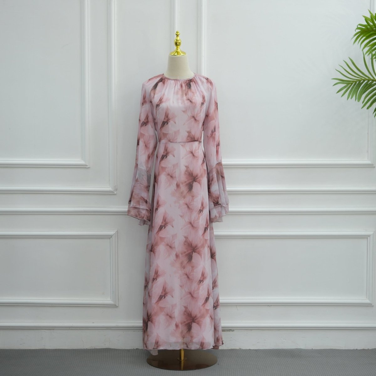 Watercolour Print Double-Layer Flared-Sleeve Maxi Dress(MA479) - Mariam's Collection