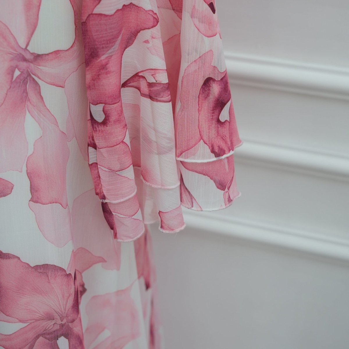 Watercolour Print Double-Layer Flared-Sleeve Maxi Dress(MA479) - Mariam's Collection