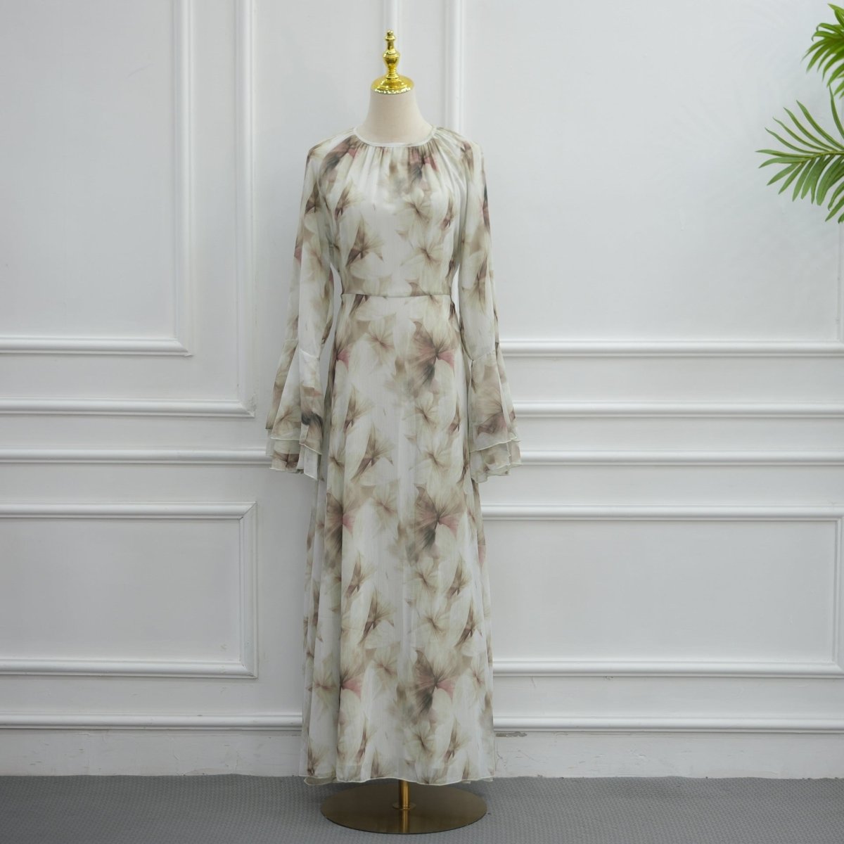 Watercolour Print Double-Layer Flared-Sleeve Maxi Dress(MA479) - Mariam's Collection