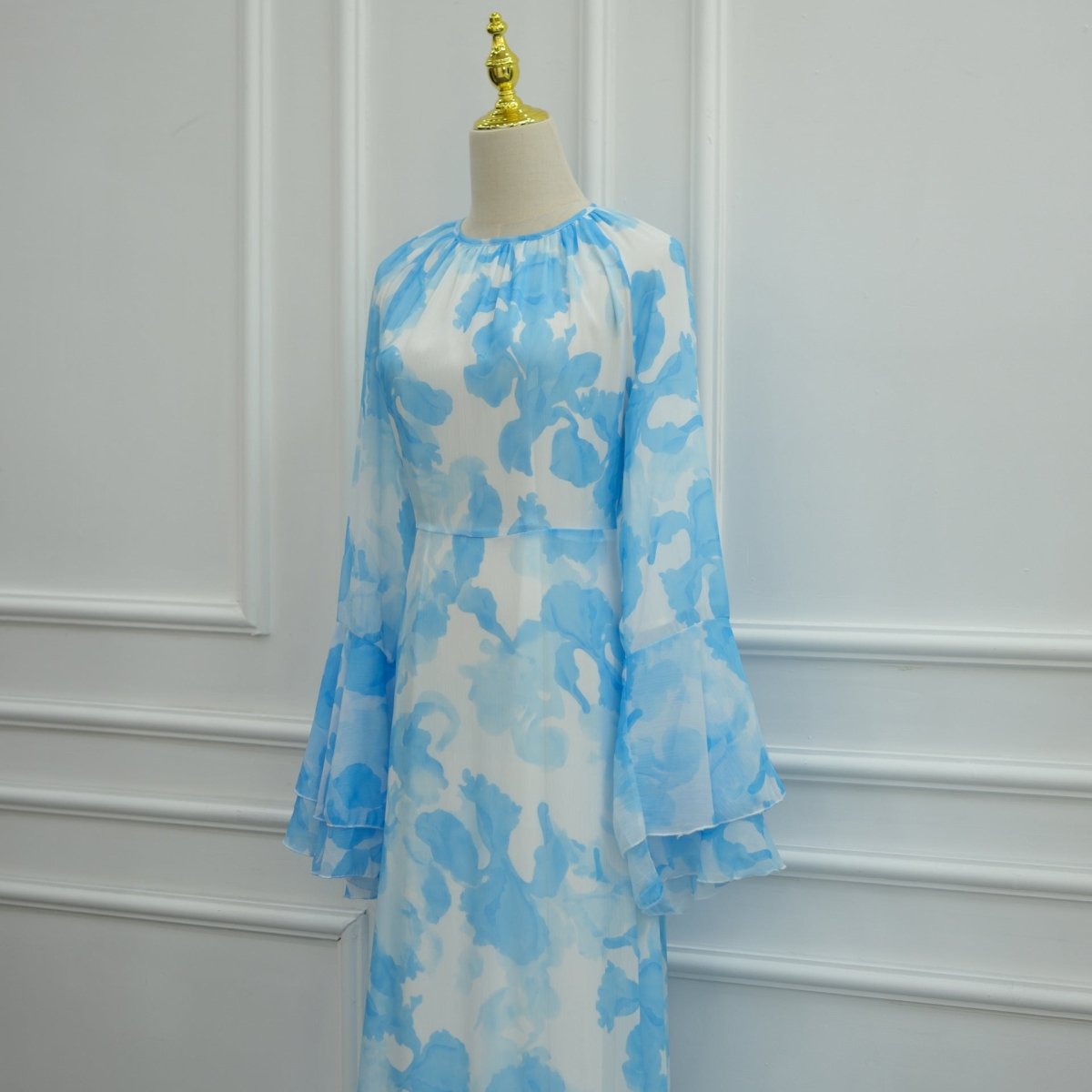Watercolour Print Double-Layer Flared-Sleeve Maxi Dress(MA479) - Mariam's Collection