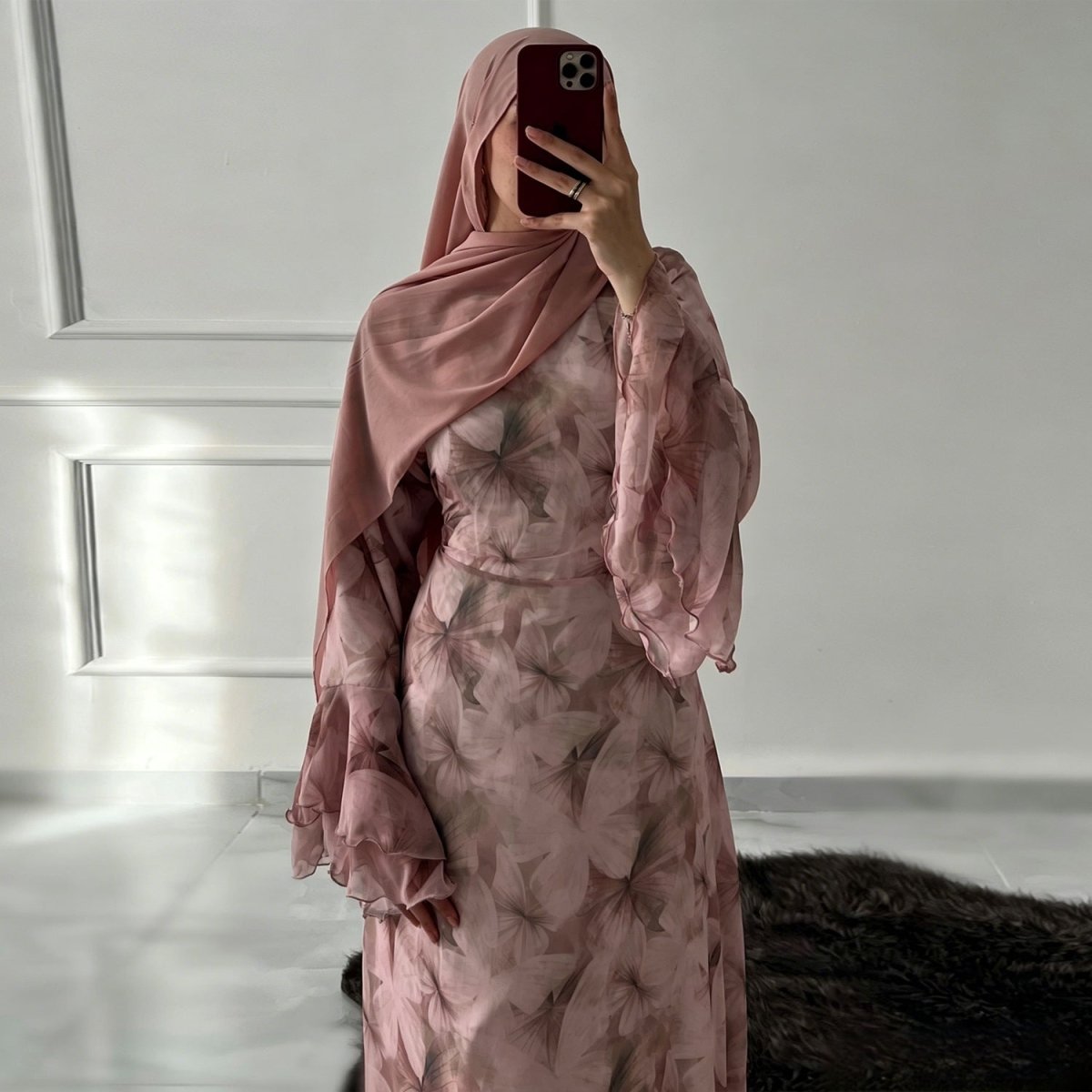 Watercolour Print Double-Layer Flared-Sleeve Maxi Dress(MA479) - Mariam's Collection
