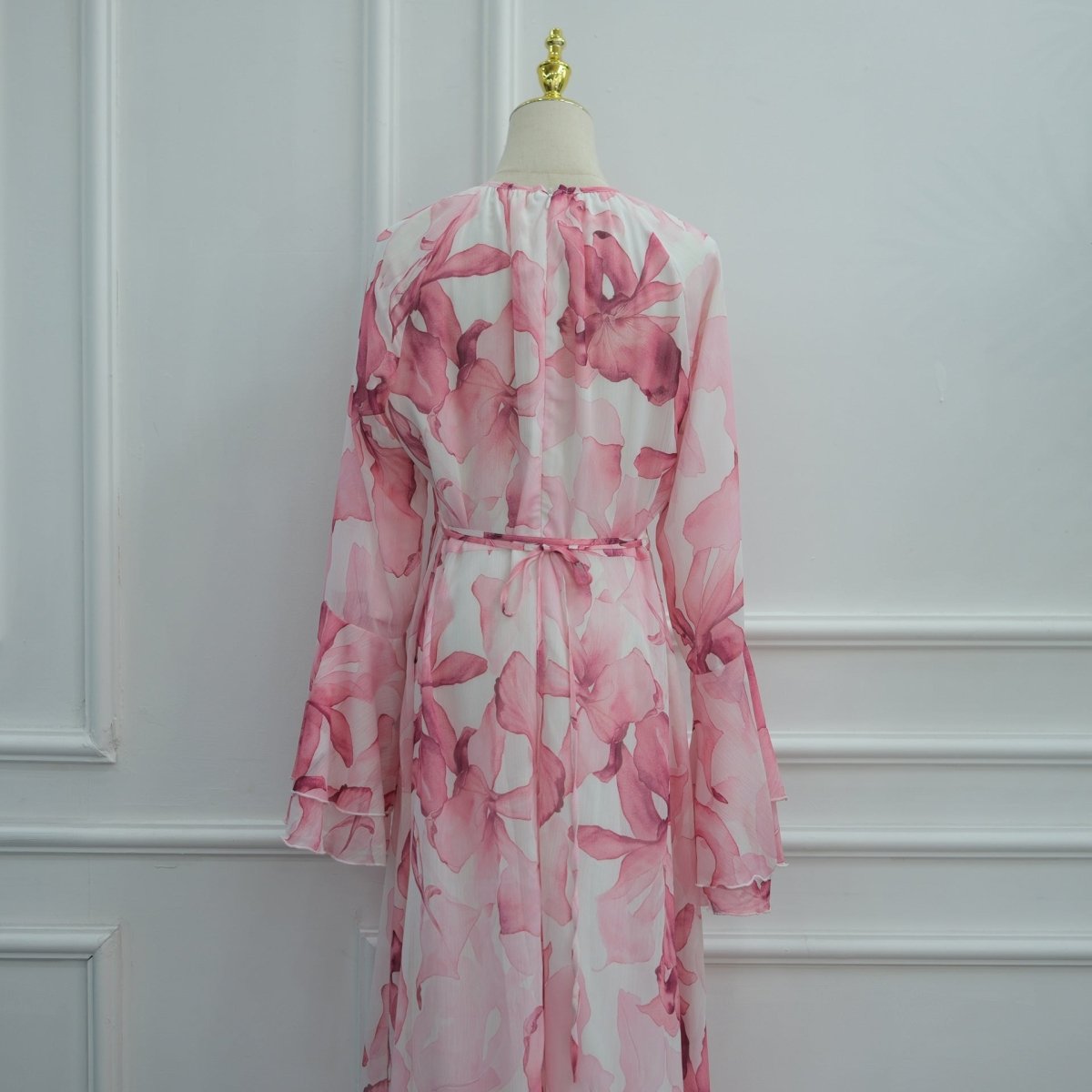 Watercolour Print Double-Layer Flared-Sleeve Maxi Dress(MA479) - Mariam's Collection