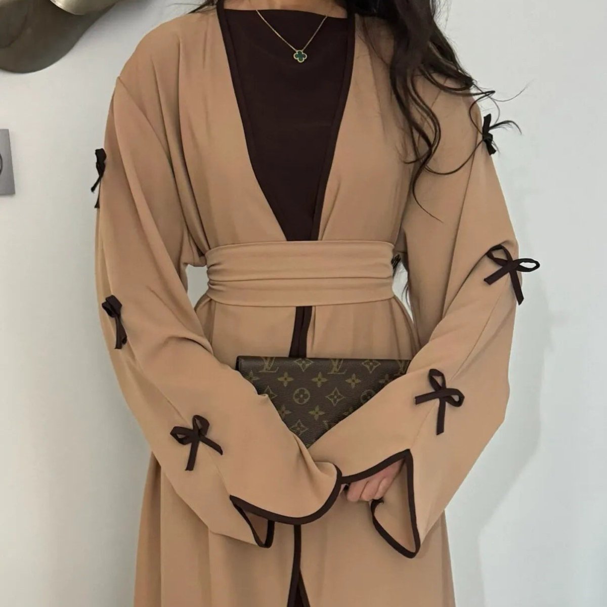 Wavy Edge Bow Embellished Open Abaya (MOA133) - Mariam's Collection