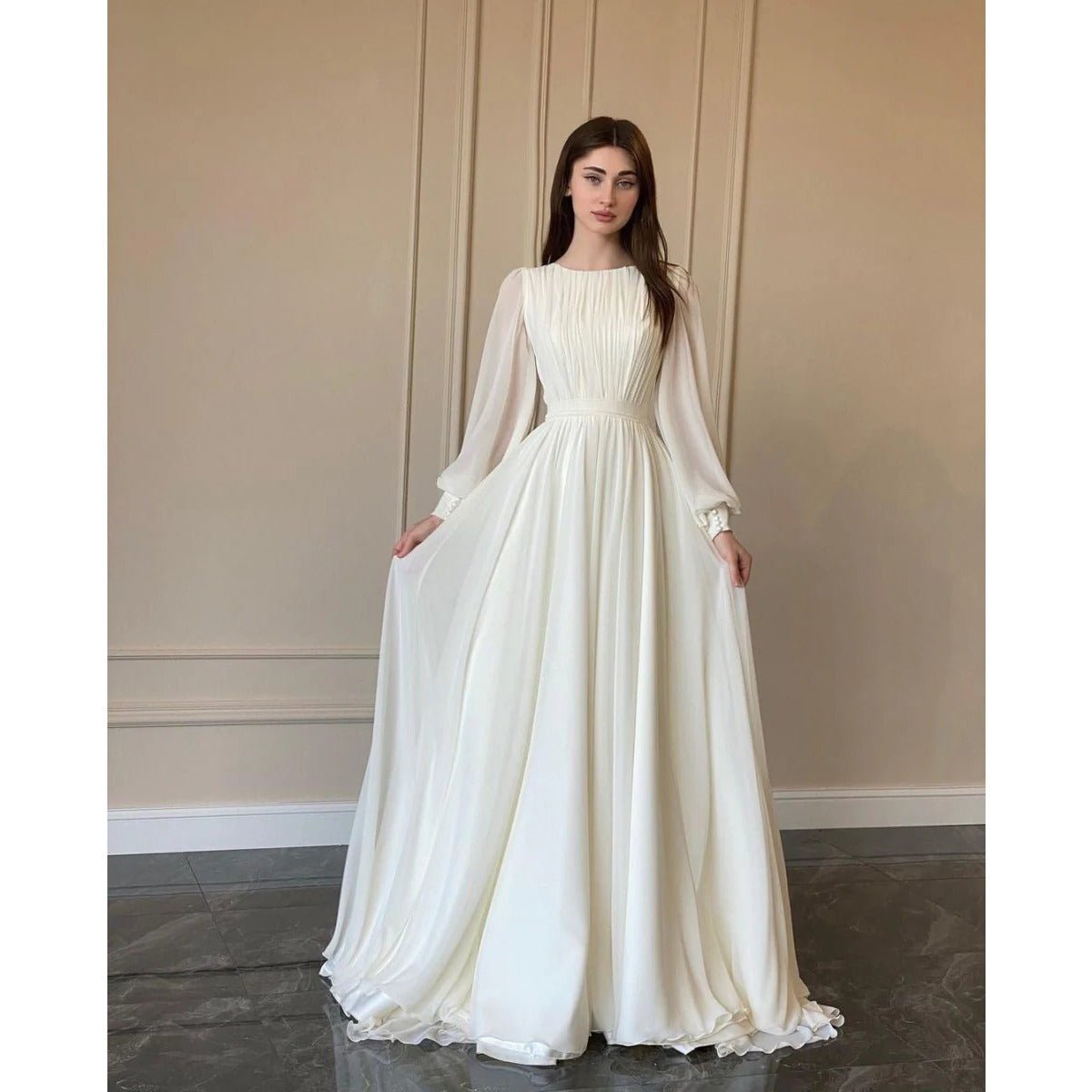 White Chiffon Princess Dress Abaya with Lantern Sleeves | Elegant Spring Fairy Swing French Court - Style Abaya (MA180) - Mariam's Collection
