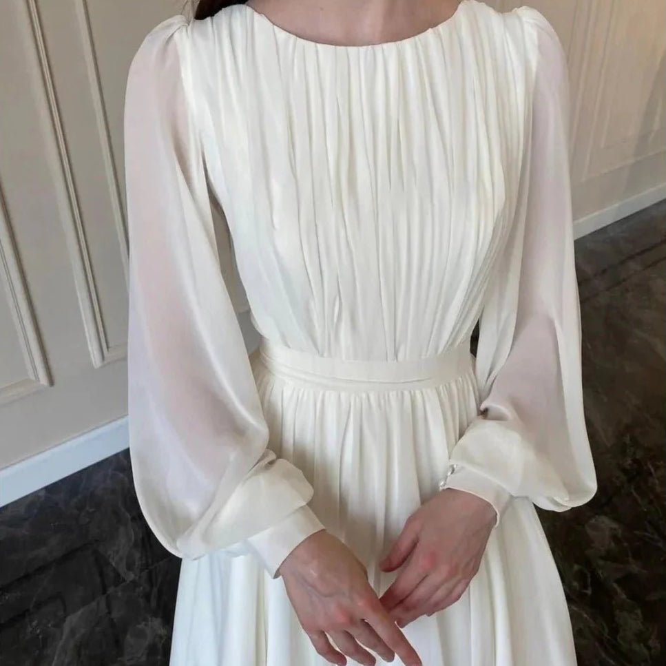 White Chiffon Princess Dress Abaya with Lantern Sleeves | Elegant Spring Fairy Swing French Court-Style Abaya (MA180) - Mariam's Collection