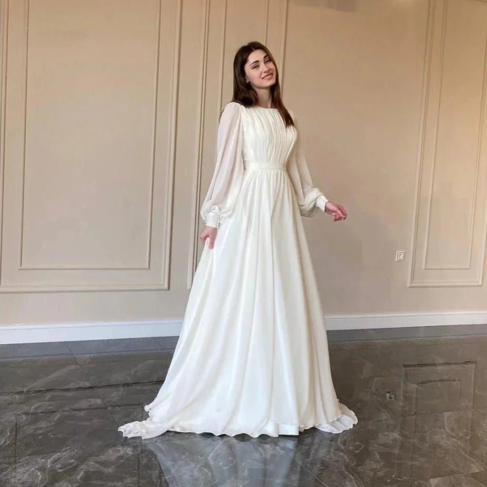 White Chiffon Princess Dress Abaya with Lantern Sleeves | Elegant Spring Fairy Swing French Court-Style Abaya (MA180) - Mariam's Collection