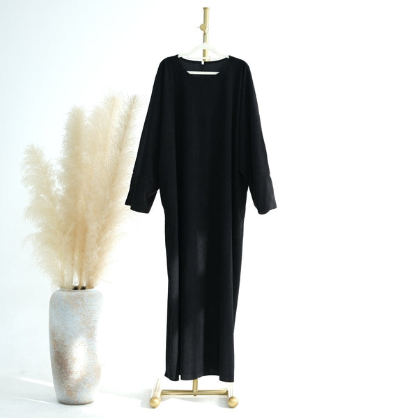 Black wide sleeve corduroy abaya - warm winter black abaya