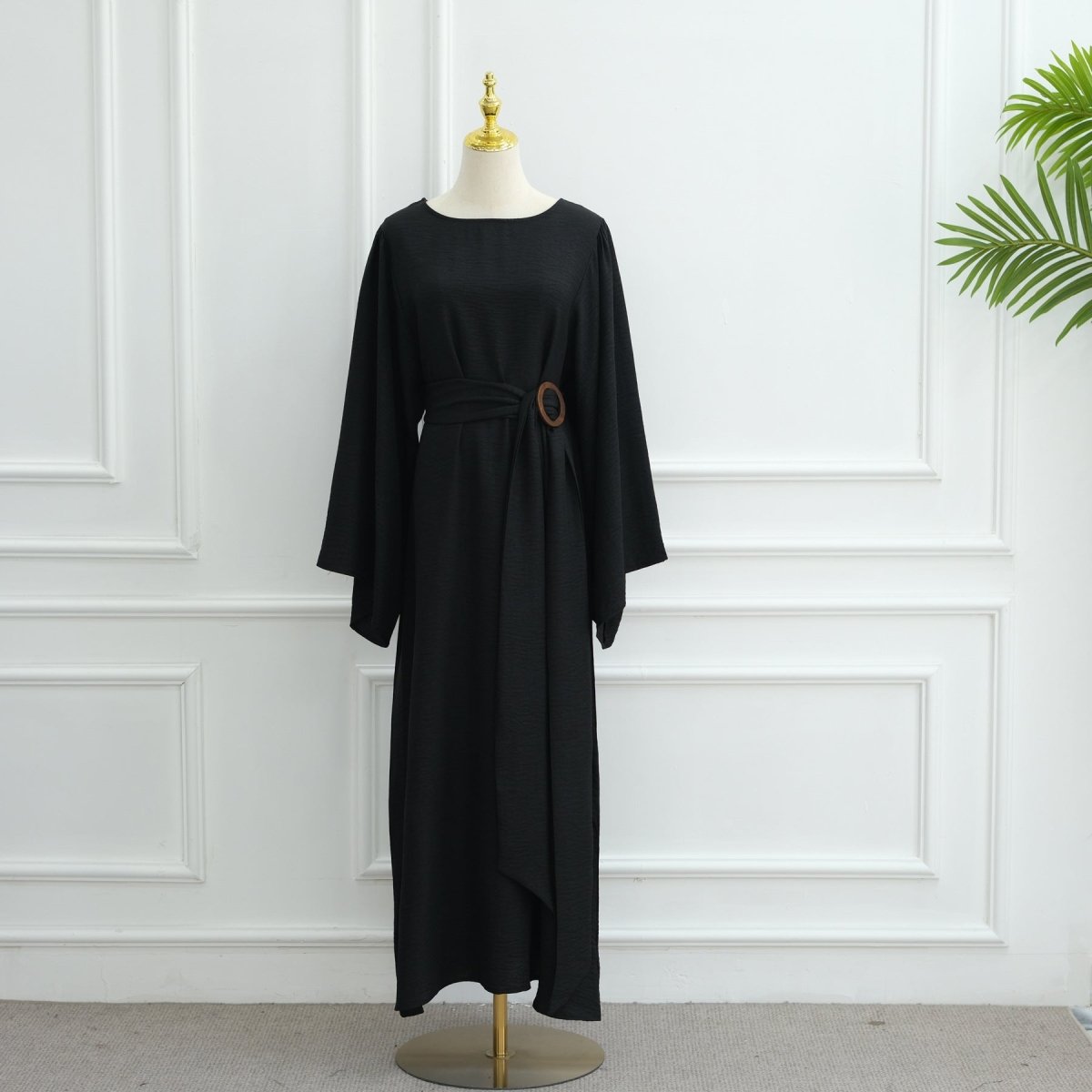 Wide Sleeve Textured Twill Blend Abaya with Belt(MA333) - Mariam's Collection