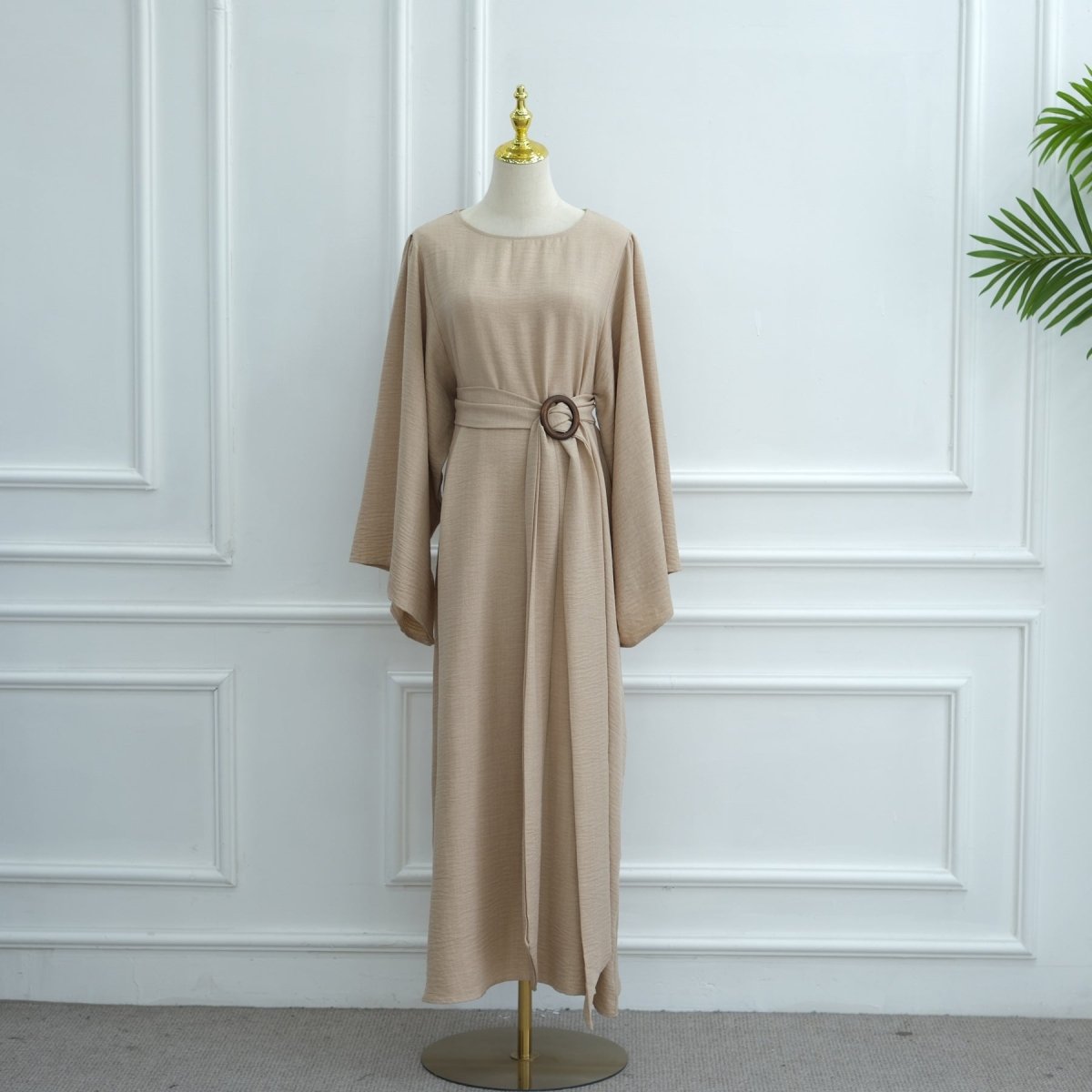 Wide Sleeve Textured Twill Blend Abaya with Belt(MA333) - Mariam's Collection