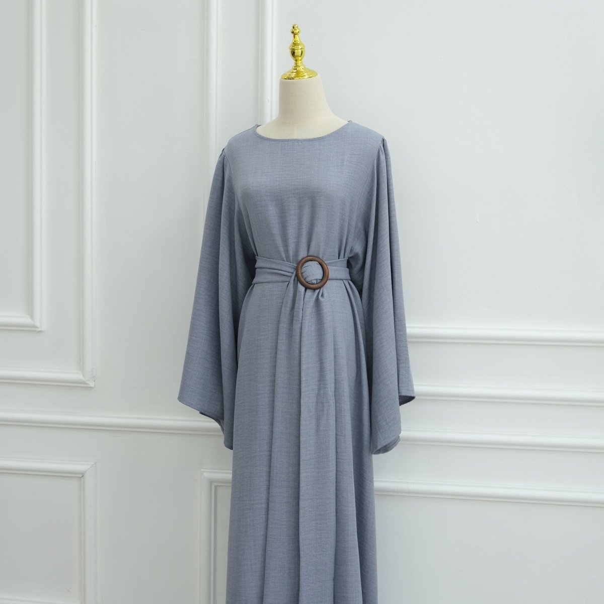 Wide Sleeve Textured Twill Blend Abaya with Belt(MA333) - Mariam's Collection