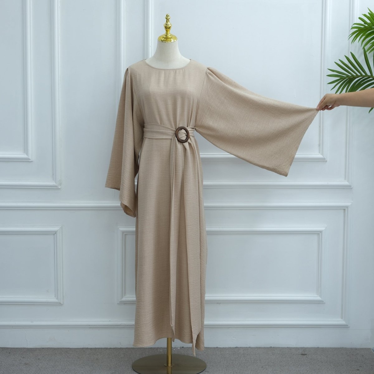 Wide Sleeve Textured Twill Blend Abaya with Belt(MA333) - Mariam's Collection