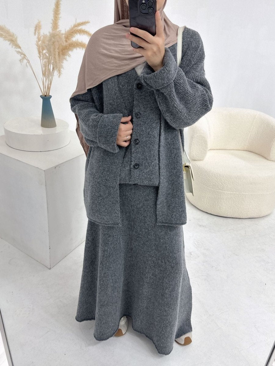 Winter Stretch Knit Three - Piece Set | Cardigan Vest & Skirt Ensemble(MS122) - Mariam's Collection