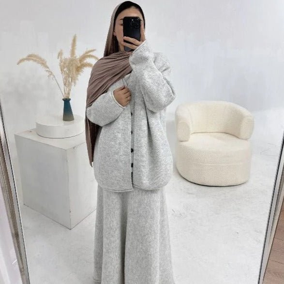 Winter Stretch Knit Three - Piece Set | Cardigan Vest & Skirt Ensemble(MS122) - Mariam's Collection