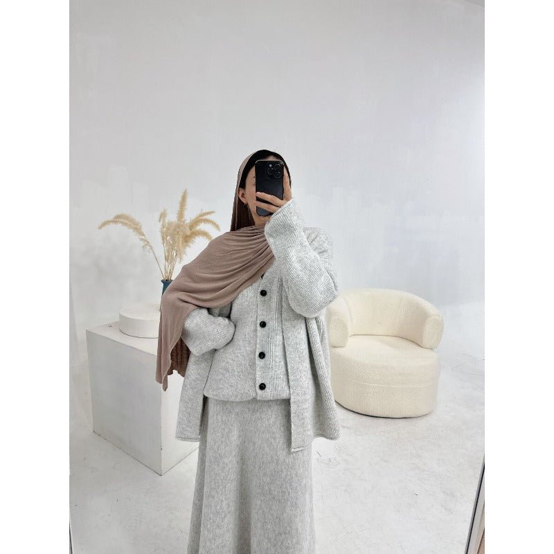 Winter Stretch Knit Three - Piece Set | Cardigan Vest & Skirt Ensemble(MS122) - Mariam's Collection
