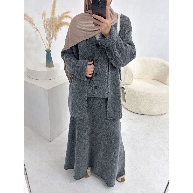 Winter Stretch Knit Three - Piece Set | Cardigan Vest & Skirt Ensemble(MS122) - Mariam's Collection