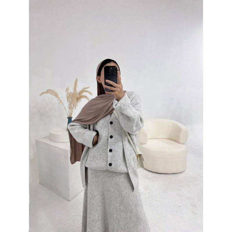 Winter Stretch Knit Three - Piece Set | Cardigan Vest & Skirt Ensemble(MS122) - Mariam's Collection