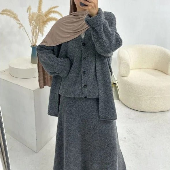 Winter Stretch Knit Three - Piece Set | Cardigan Vest & Skirt Ensemble(MS122) - Mariam's Collection
