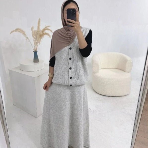 Winter Stretch Knit Three - Piece Set | Cardigan Vest & Skirt Ensemble(MS122) - Mariam's Collection