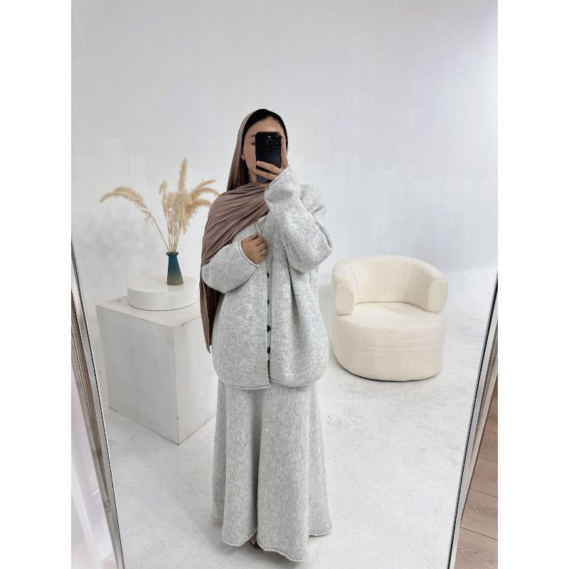 Winter Stretch Knit Three - Piece Set | Cardigan Vest & Skirt Ensemble(MS122) - Mariam's Collection