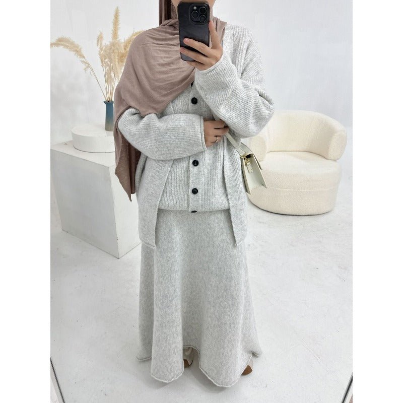 Winter Stretch Knit Three - Piece Set | Cardigan Vest & Skirt Ensemble(MS122) - Mariam's Collection