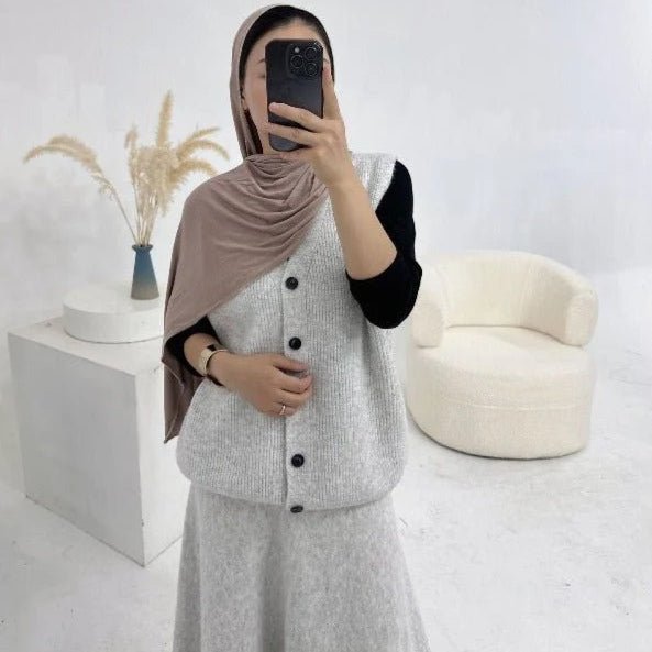 Winter Stretch Knit Three - Piece Set | Cardigan Vest & Skirt Ensemble(MS122) - Mariam's Collection